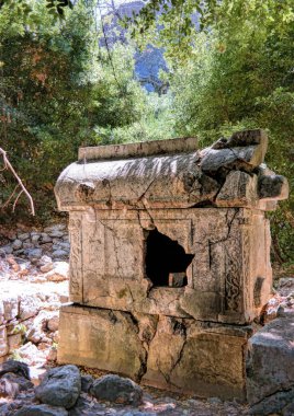 Olimpos, Antalya, Türkiye, Mayıs 2019: Antik Olimpos (Olympus) kentinin kalıntıları. Sarcophagus, Lycian 'dan Kalıntılar