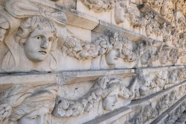 Aydin, Turkey- August 12, 2021:  Unique ancient sculpture reliefs and sculptures on display in the Aphrodisias museum.