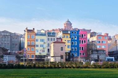 Istanbul, Turkey - January, 2023: Halic Sanat exhibition house from IBB and Colorful houses in Balat district and historic streets in Goldenhorn