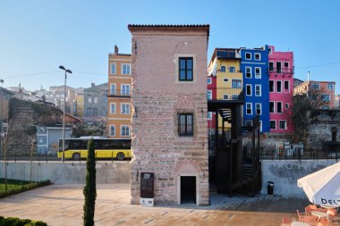 Istanbul, Turkey - January, 2023: Halic Sanat exhibition house from IBB and Colorful houses in Balat district and historic streets in Goldenhorn