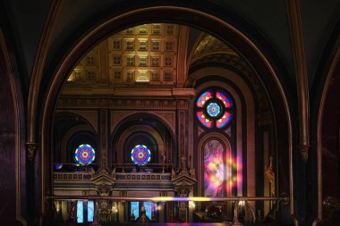 Istanbul, Turkey - January, 2023: Interior view of Bulgarian St. Stephen Church (Sveti Stefan) known as the Iron Church, is a Bulgarian Orthodox church in Balat, golden ornaments and stained glasses