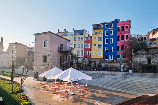 Istanbul, Turkey - January, 2023: Halic Sanat exhibition house from IBB and Colorful houses in Balat district and historic streets in Goldenhorn