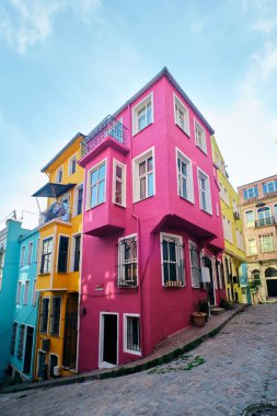 Istanbul, Turkey - January, 2023: Colorful houses in Balat district and historic streets in Istanbul Halic, Goldenhorn