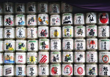 Tokyo, Japan - Sept, 2017: Kazaridaru Decorative Sake Barrels at Meiji Shrine or Meiji Jingu and the adjacent Yoyogi Park Located Harajuku Station
