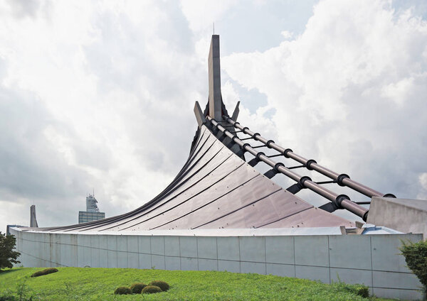 Tokyo, Japan - Sept, 2017: View of the Yoyogi National Gymnasium. The gymnasium is an arena located at Yoyogi Park in Shibuya, is famous for its suspension