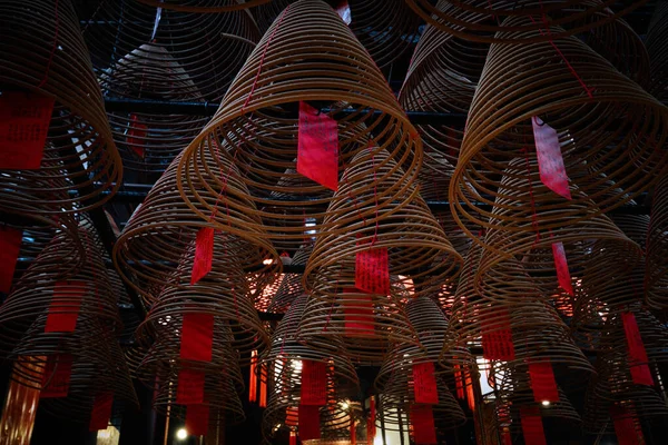 Hong Kong April 2023 Hanging Incense Coils Red Labels Man — Stock Photo, Image