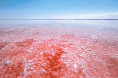 Ankara, Türkiye - 16 Haziran 2023: Mavi gökyüzü ile kırmızı tuz gölünün güzel manzarası