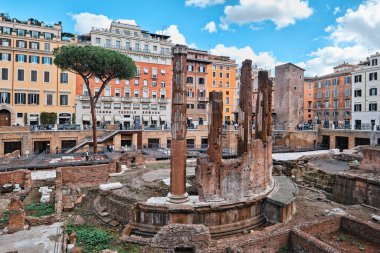 Roma, İtalya - 29 Ekim 2023: Largo di Torre Arjantin dört Roma Cumhuriyetçi tapınağı ve Pompey Tiyatrosu 'nun kalıntıları olan bir meydan.