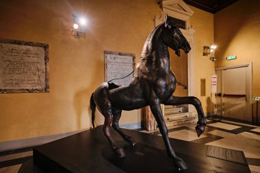 Roma, İtalya - 29 Ekim 2023: Bronz At heykeli MÖ 4. yüzyıldan kalma Capitolini Müzesi 'ndeki bir Yunandan esinlenilmiştir.