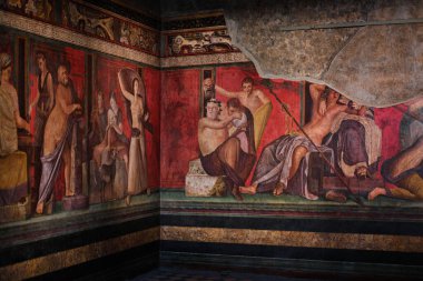 Napoli, İtalya - 8 Kasım 2023: Pompeii arkeolojik alanı olan Villa dei Misteri 'deki Fresco tablosu