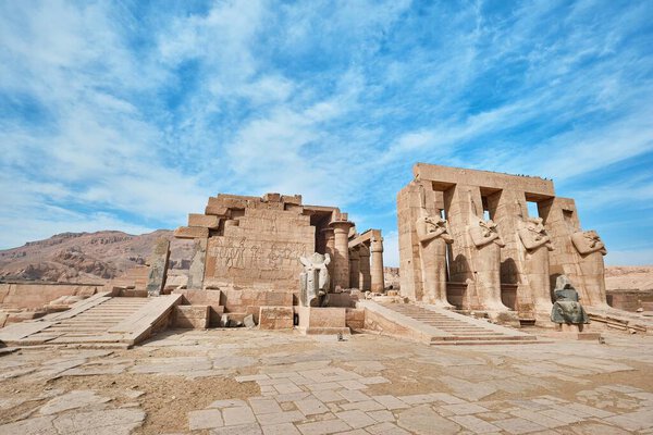 Luxor, Egypt - December 26 2023: The Ramesseum is the memorial temple or mortuary temple of Pharaoh Ramesses II. It is located in the Theban necropolis in Upper Egypt