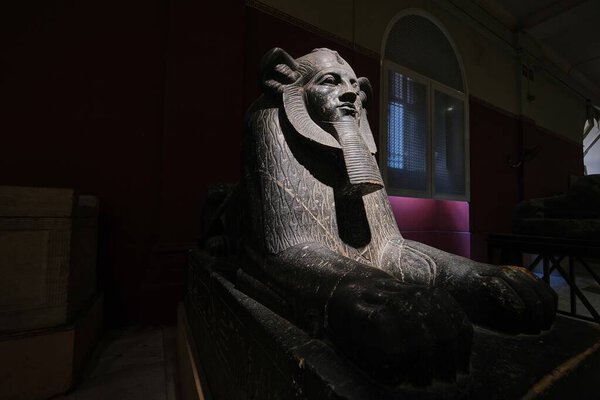 Каир, Египет - 2 января 2024 года: Статуя Сфинкса Гиксоса царя Аменемхета III в Египетском музее, древнее египетское искусство