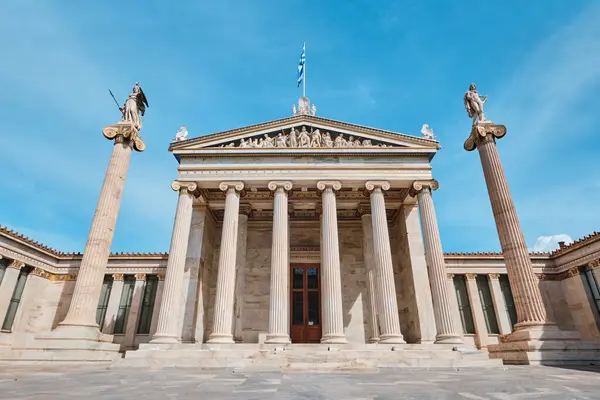 stock image Athens, Greece - March 03, 2024: Architectural details of Academy of Athens, on the columns are goddess Athena and Apollo