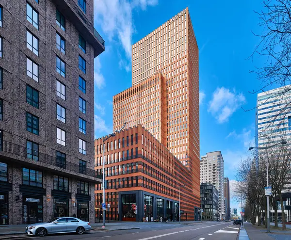 Stock image Netherlands, Amsterdam - April 10, 2024: Symphony Buildings at Gustav Mahlerplein. Two orange color skyscrapers in the Zuidas business district