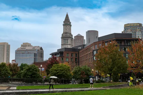 stock image Boston, Massachusetts, USA - October 29, 2023: View of the Boston skyline from the Rose Kennedy Greenway park, in the downtown of the city of Boston, Massachusetts.