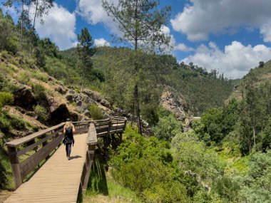 Arouca, Portekiz - 6 Temmuz 2024: Bir kadın Portekiz 'in Arouca kentindeki Paiva Nehri boyunca yürür..