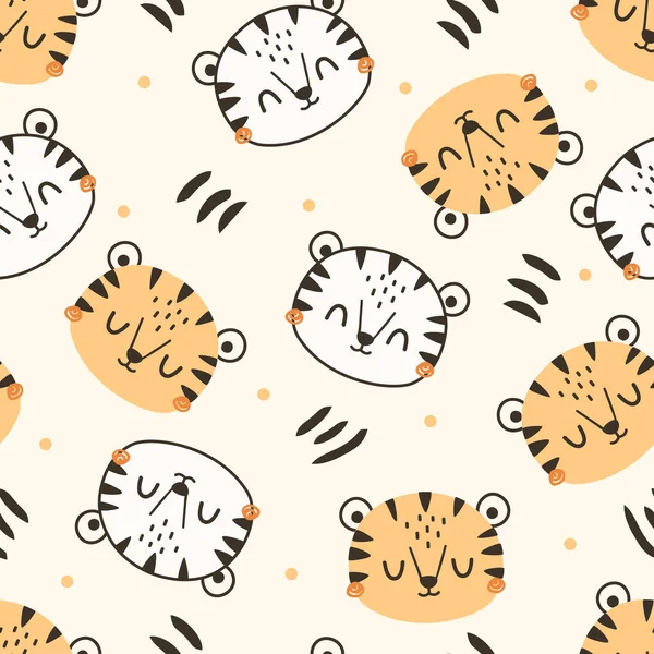 Handgezeichnetes Nahtloses Muster Mit Niedlichem Tiger Kreativer Skandinavischer Hintergrund Zeichentricktiere — Stockvektor