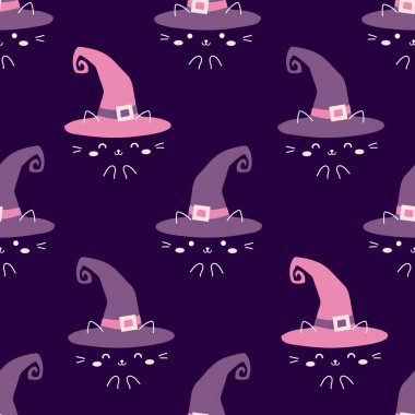 Şirin kedi yüzlü kusursuz desenli cadı şapkası. Cadılar Bayramı partisi. Vektör çizimi. Duvar kağıdı, tekstil ve arkaplan tasarımı