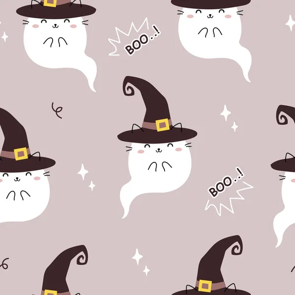 Halloween Vektor Bezešvé Vzor Kawaii Roztomilé Kočičí Duch Cartoon Zvířata — Stockový vektor