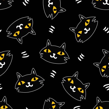 El çizilmiş Kedi Kafası ile Cadılar Bayramı vektörü kusursuz desen. Çizgi film Hayvanlar Arkaplanı karalama tarzında. Vektör İllüstrasyonu