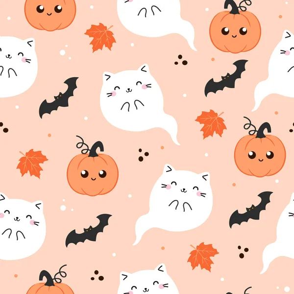 Modello Senza Cuciture Vettoriale Halloween Con Kawaii Cute Cat Ghost — Vettoriale Stock