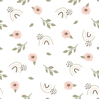 Doodle Flowers ve Rainbow ile kusursuz desen, koleksiyon defteri, dekorasyon, kartlar, kağıt eşyalar, arka plan, duvar kağıdı, ambalaj, kumaş ve tüm yaratıcı projeler için tasarım. Vektör illüstrasyonu