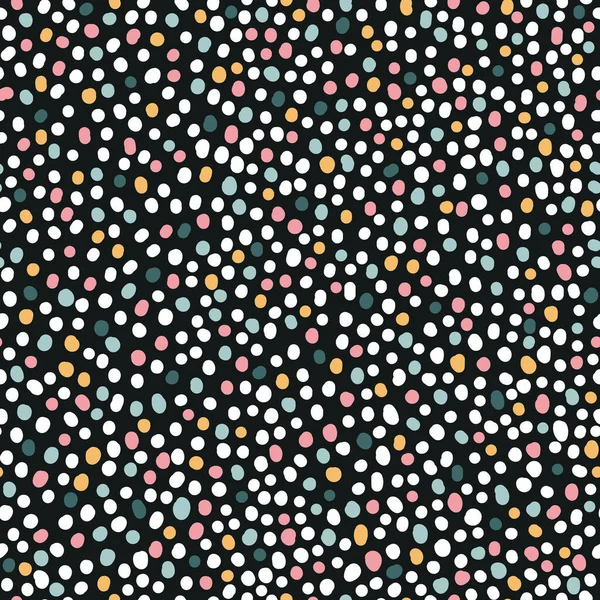 可爱的手绘无缝图案与多彩的Polka Dots 彩色涂鸦在黑色背景上的染色效果 设计背景 包装材料 以及所有你的创意项目 — 图库矢量图片