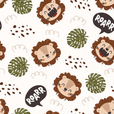 Farklı duyguları olan bir aslanın el çizimi şirin bir yüzü. Çizgi film hayvanları arka planı. arkaplan, duvar kağıdı, ambalaj, kumaş ve tüm yaratıcı projeleriniz için tasarım.