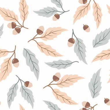 Kusursuz yaprak deseni. Beyaz arka plan, kahverengi ve yeşil yapraklar. Vektör dokusu. Tekstil ve duvar kağıdı için eğilim baskısı
