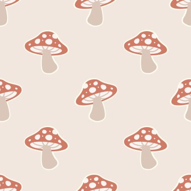 Sevimli El Mantarlı Kusursuz Vektör Deseni. Duvar kağıdı, hediye kağıdı, desen dolguları, arka plan, kumaş ve tüm yaratıcı projeleriniz için Amanita Muscaria (sinek agarik) tasarımı