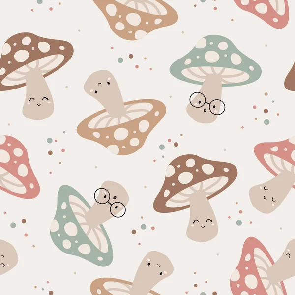Cute Kawaii Hand Drawn Seamless Vector Pattern Mushrooms Cute Drawing — Archivo Imágenes Vectoriales