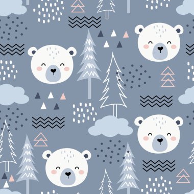 Kutup Ayısı ile Şirin Kusursuz Vektör Deseni. Çocuksu Çizgi Film Hayvanı Geçmişi. Kumaş, ambalaj, tekstil, duvar kağıdı, giysi tasarımı