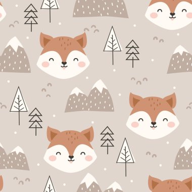 Cute hand drawn seamless pattern with Fox, forest elements and snowy mountains. Childish Cartoon Animals Background. design for fabric, wrapping, textile, wallpaper and more