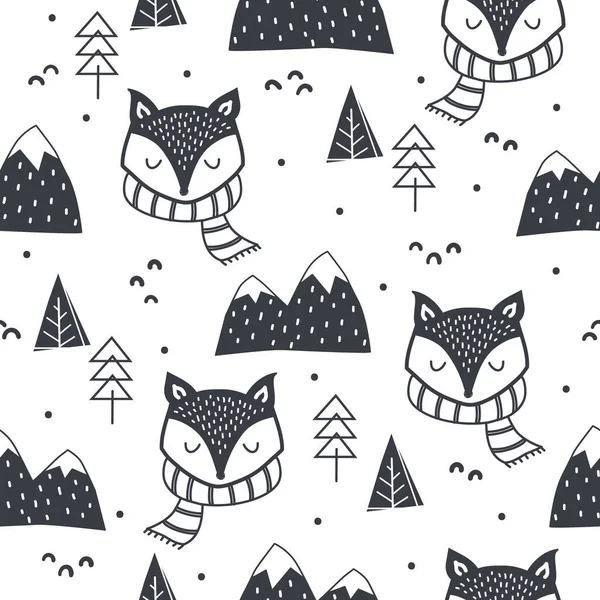 Cute Hand Drawn Seamless Pattern Fox Forest Elements Snowy Mountains —  Vetores de Stock