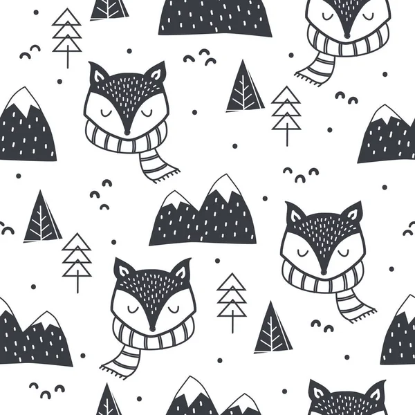 Cute hand drawn seamless pattern with Fox, forest elements and snowy mountains. Childish Cartoon Animals Background. design for fabric, wrapping, textile, wallpaper and more