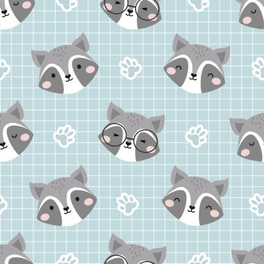 Seamless Vector Pattern with Cute Raccoon. Childish Forest Cartoon Animals Background. design for fabric, wrapping, textile, wallpaper, apparel and more