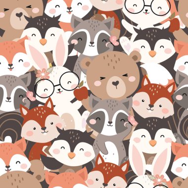 Cute Woodland Animals seamless pattern. Childish Cartoon Animals Background. Cute Cartoon fox, racoon, bear, rabbit, squirrel, and owl. design for background, wallpaper, fabric, textile and more.