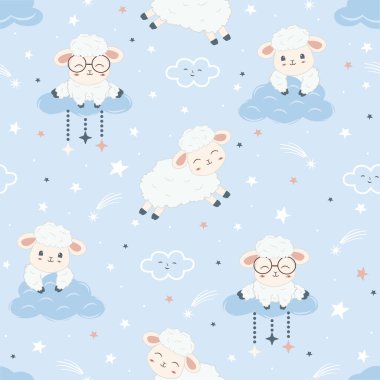 Kawaii cute sheeps seamless pattern, Childish Cartoon Animals Background design for paper goods, background, wallpaper, wrapping, printing, fabric, swaddles, apparel and more