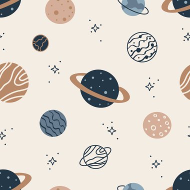 Hand drawn seamless pattern with Planets. Hand drawn space background. Vector illustration. Galaxy print for, wallpaper, wrapping, printing, fabric, nursery, textile and more