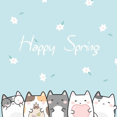 Vector illustration kawaii cute cat cartoon doodle background with text - Happy Spring. Perfect for greeting card design, t-shirt print, inspiration poster and more.