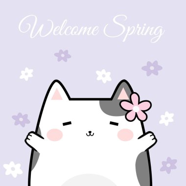 Vector illustration kawaii cute cat cartoon doodle background with text - Welcome Spring. Perfect for greeting card design, t-shirt print, inspiration poster and more.