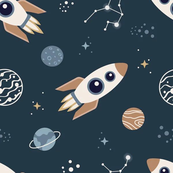 Seamless Pattern Rocket Planets Zodiac Sign Stars Cartoon Spaceship Galaxy — Stock Vector