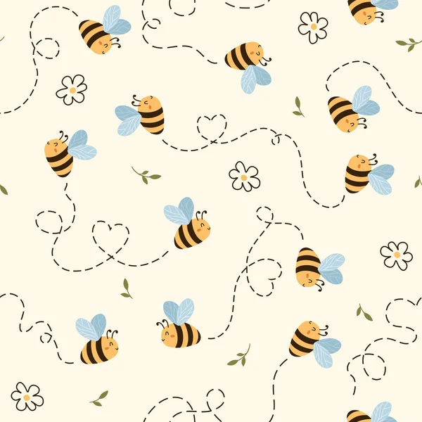 Απρόσκοπτη Μοτίβο Φέρουν Χαριτωμένο Μελισσών Και Doodle Λουλούδι Ζώα Κινουμένων — Διανυσματικό Αρχείο