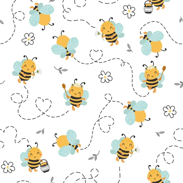Безшовні Візерунки Flying Cute Bee Квіткою Каракулі Cartoon Animals Background — стоковий вектор