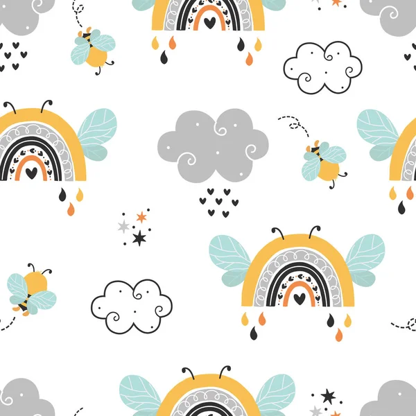 Απρόσκοπτη Μοτίβο Φέρουν Χαριτωμένο Μέλισσα Ουράνιο Τόξο Και Doodle Σύννεφα — Διανυσματικό Αρχείο