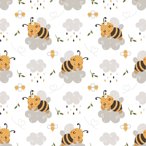 Безшовні Візерунки Каваї Cute Bee Хмари Каракулі Cartoon Animals Background — стоковий вектор