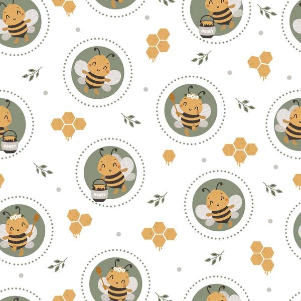 Bezszwowy Wzór Kawaii Cute Bee Tęcza Kwiat Doodle Cartoon Animals — Wektor stockowy