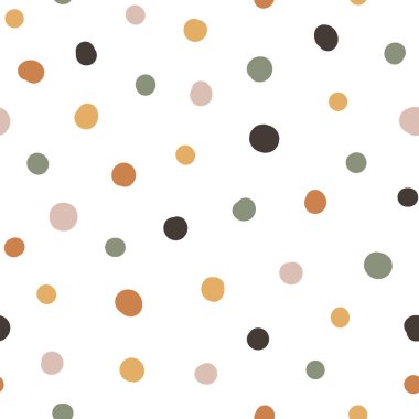 Cute hand drawn seamless pattern with Colorful Polka Dots. Abstract Multicolored doodle shapes on white background. Design for background, wallpaper, wrapping, fabric, and more