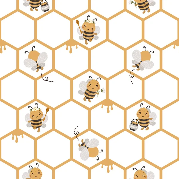 Απρόσκοπτη Μοτίβο Kawaii Χαριτωμένο Μέλισσες Κινούμενα Σχέδια Ζώα Φόντο Σχεδιασμός — Διανυσματικό Αρχείο