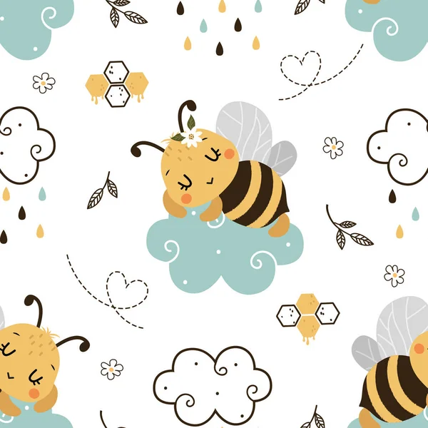 Απρόσκοπτη Μοτίβο Kawaii Χαριτωμένο Bee Και Doodle Σύννεφα Ζώα Κινουμένων — Διανυσματικό Αρχείο